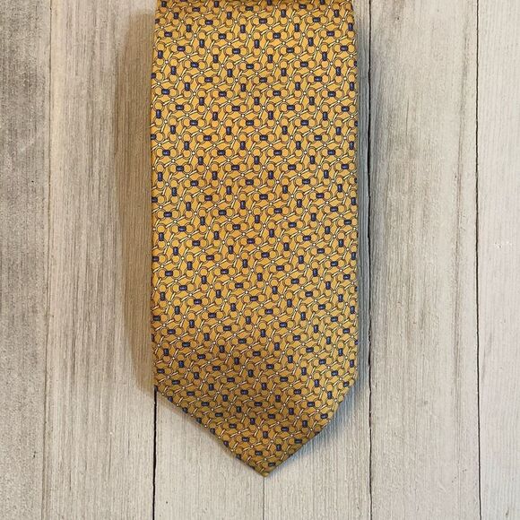 NWT Brooks Brothers Pure Silk Tie Gold with Navy Men’s Necktie Made in USA - Picture 1 of 9
